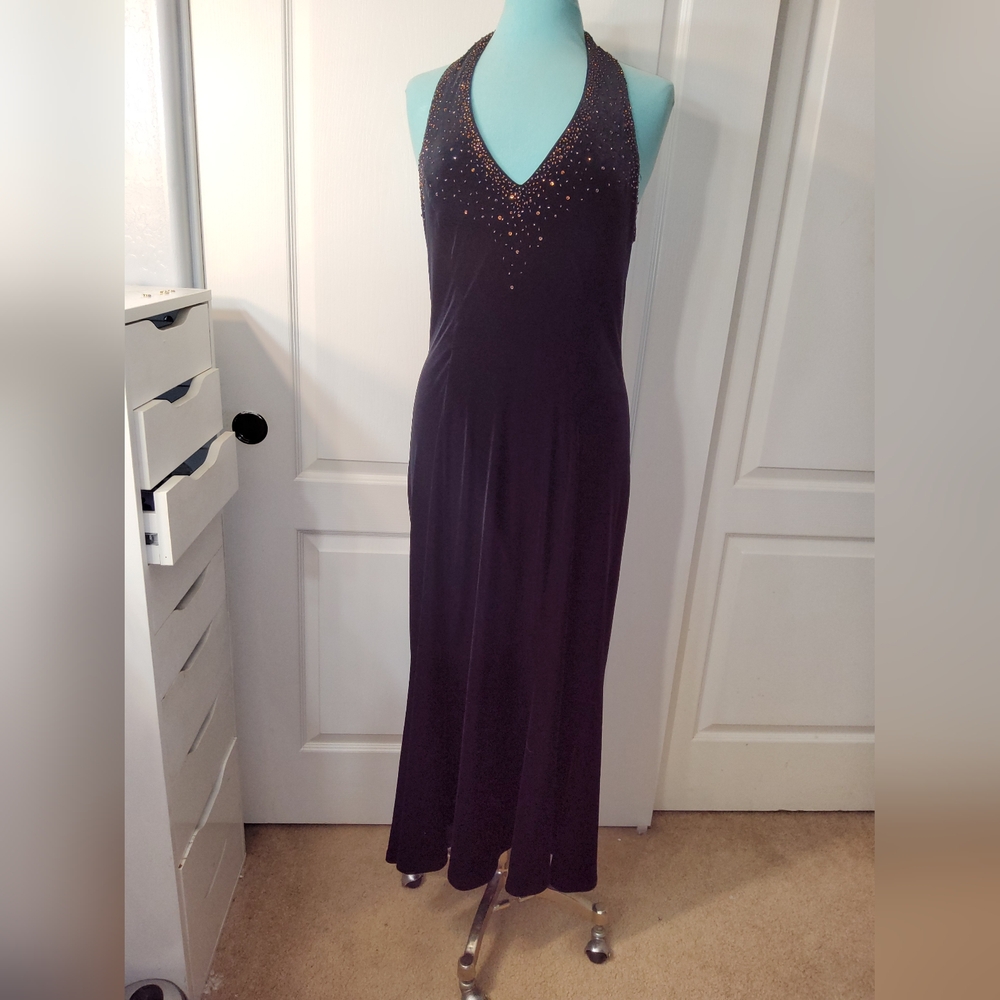 Vintage black velvet gown \ halter gown \ beaded cocktail dress - Picture 3 of 6